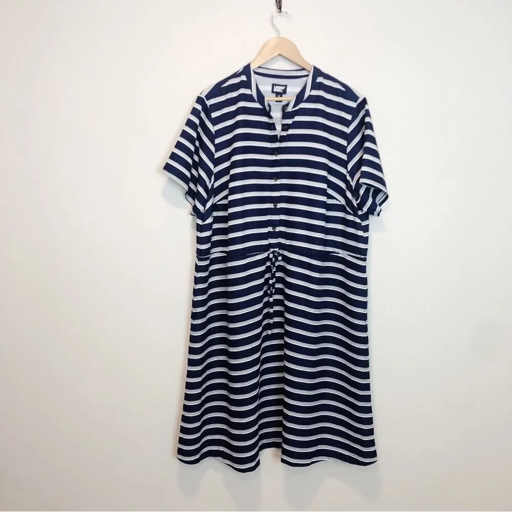 Lands End Women's Plus Size Rayon Short Sleeve Button Front Dress Striped Sz 1X